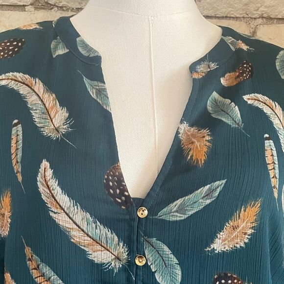 LOFT Teal Feather Pattern Long Sleeve Dress - Picture 3 of 8